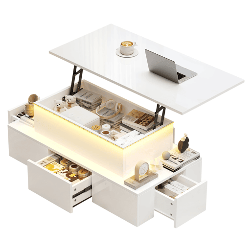 Mesa de centro elevável 100x50x40 cm - Com 4 gavetas, LED, arrumação oculta - Branco, MDF