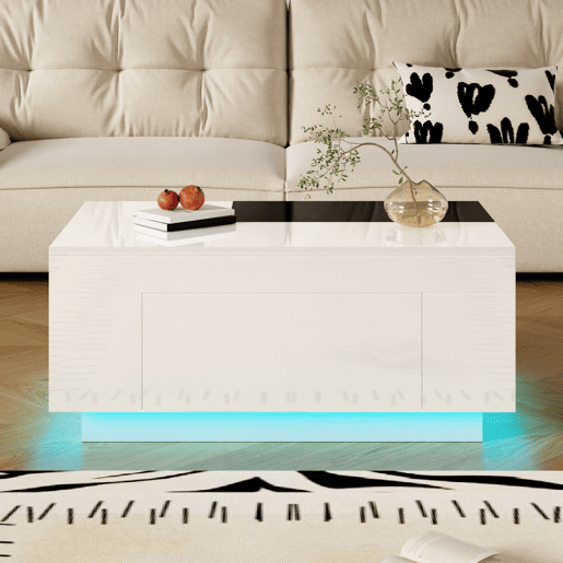 Mesa de centro 105 cm - com iluminação LED, tampo extensível, arrumação oculta, 16 cores - pretobranco Mesa de centro 105 cm - com iluminação LED, tampo extensível, arrumação oculta, 16 cores - pretobranco
