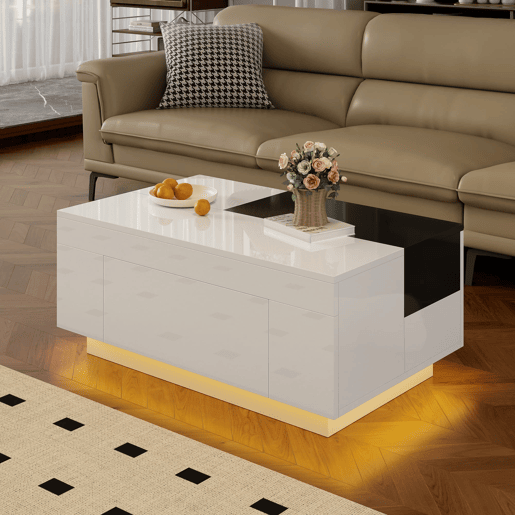 Mesa de centro 105 cm - com iluminação LED, tampo extensível, arrumação oculta, 16 cores - pretobranco Mesa de centro 105 cm - com iluminação LED, tampo extensível, arrumação oculta, 16 cores - pretobranco