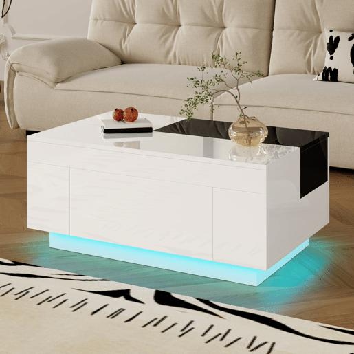 Mesa de centro 105 cm - com iluminação LED, tampo extensível, arrumação oculta, 16 cores - pretobranco Mesa de centro 105 cm - com iluminação LED, tampo extensível, arrumação oculta, 16 cores - pretobranco