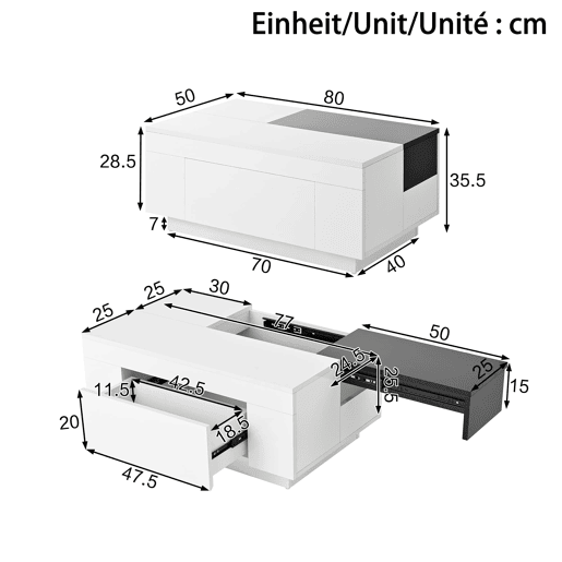 Mesa de centro 105 cm - com iluminação LED, tampo extensível, arrumação oculta, 16 cores - pretobranco Mesa de centro 105 cm - com iluminação LED, tampo extensível, arrumação oculta, 16 cores - pretobranco