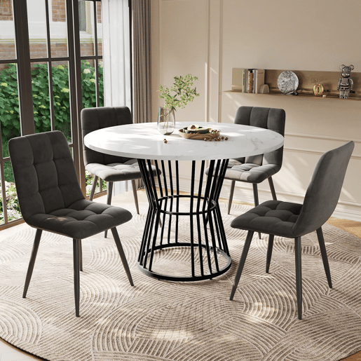 Conjunto de sala de jantar de 5 peças - Mesa redonda de 100 cm - 4 cadeiras de veludo cinza escuro