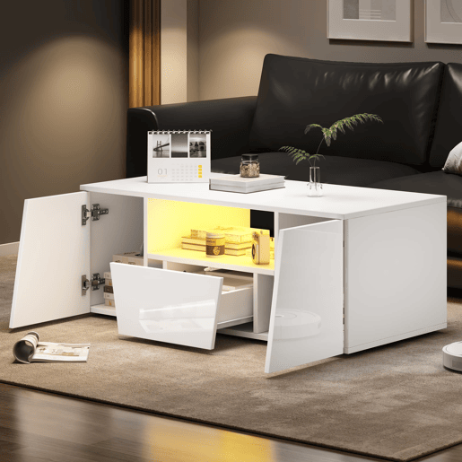 Mesa de centro 100x50x40 cm - Sofá com LED, 2 armários, 1 gaveta, design irregular - Branco