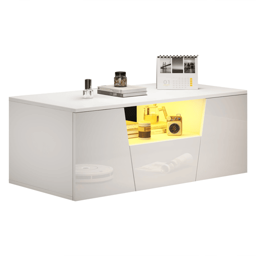 Mesa de centro 100x50x40 cm - Sofá com LED, 2 armários, 1 gaveta, design irregular - Branco