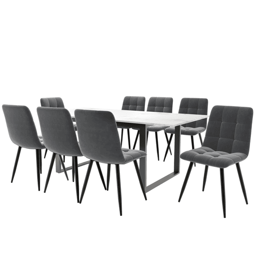 Conjunto de sala de jantar 140180x80cm - Mesa moderna com 8 cadeiras, veludo cinzento, pernas pretas, MDF