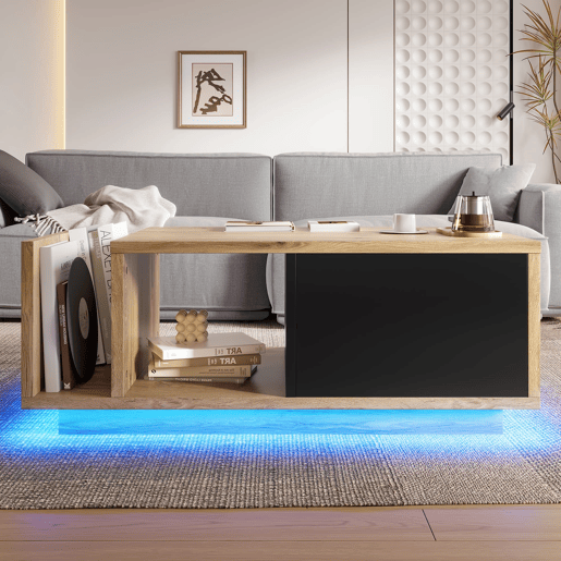 Mesa de centro com LED - Design moderno, arrumação oculta - Natural Mesa de centro com LED - Design moderno, arrumação oculta - Natural