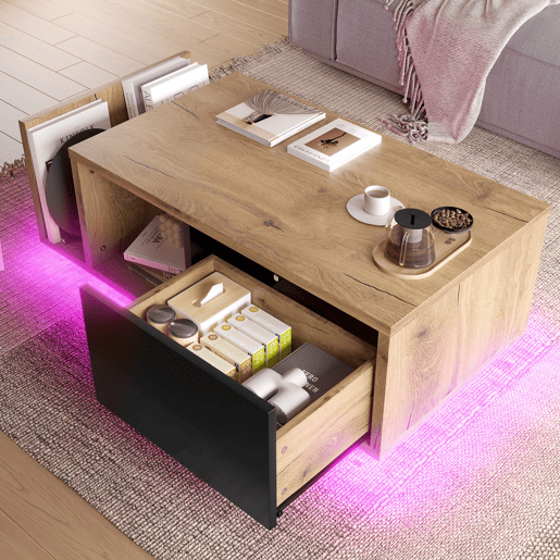 Mesa de centro com LED - Design moderno, arrumação oculta - Natural Mesa de centro com LED - Design moderno, arrumação oculta - Natural
