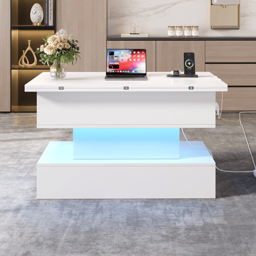 Mesa de centro 100 x 50 x 51,5 cm - com tomada, USB-C, LED, elevável, armazenamento, branca