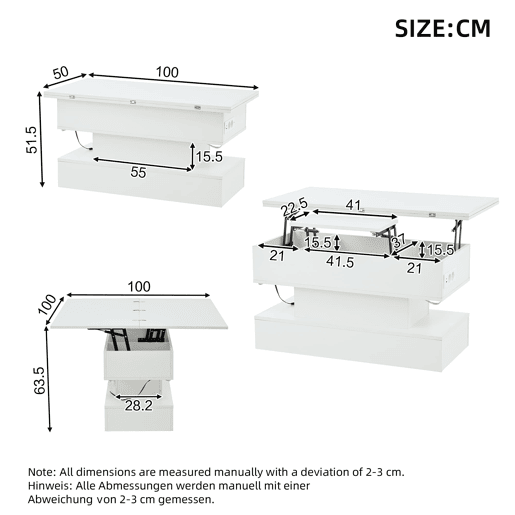 Mesa de centro 100 x 50 x 51,5 cm - com tomada, USB-C, LED, elevável, armazenamento, branca