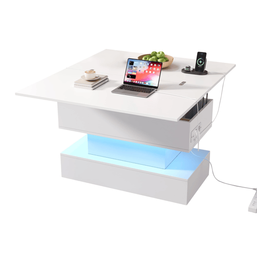 Mesa de centro 100 x 50 x 51,5 cm - com tomada, USB-C, LED, elevável, armazenamento, branca