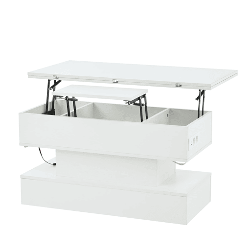 Mesa de centro 100 x 50 x 51,5 cm - com tomada, USB-C, LED, elevável, armazenamento, branca