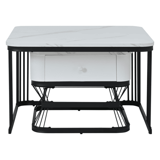 Conjunto de mesa de centro 2 peças - 70x70x45cm + 50x50x40cm - Mesa geométrica, brilhante, com 1 gaveta - Branco+Preto