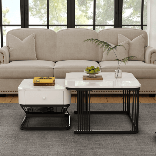 Conjunto de mesa de centro 2 peças - 70x70x45cm + 50x50x40cm - Mesa geométrica, brilhante, com 1 gaveta - Branco+Preto