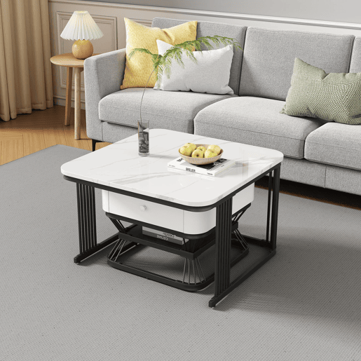 Conjunto de mesa de centro 2 peças - 70x70x45cm + 50x50x40cm - Mesa geométrica, brilhante, com 1 gaveta - Branco+Preto