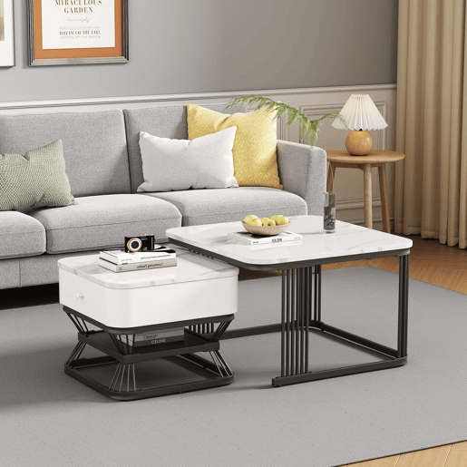 Conjunto de mesa de centro 2 peças - 70x70x45cm + 50x50x40cm - Mesa geométrica, brilhante, com 1 gaveta - Branco+Preto