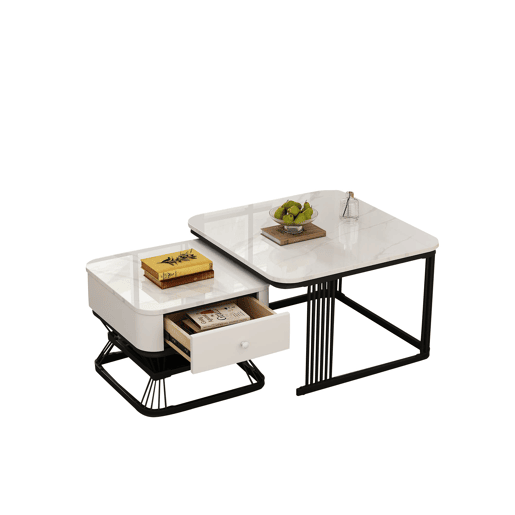 Conjunto de mesa de centro 2 peças - 70x70x45cm + 50x50x40cm - Mesa geométrica, brilhante, com 1 gaveta - Branco+Preto