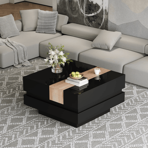 Mesa de centro quadrada 70x70x39 cm - Mesa extensível com arrumação oculta - Preto Mesa de centro quadrada 70x70x39 cm - Mesa extensível com arrumação oculta - Preto