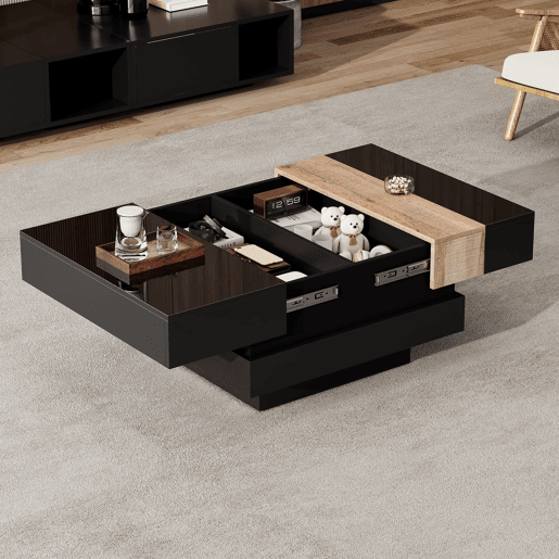 Mesa de centro quadrada 70x70x39 cm - Mesa extensível com arrumação oculta - Preto Mesa de centro quadrada 70x70x39 cm - Mesa extensível com arrumação oculta - Preto