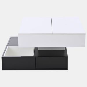 Mesa de centro 70×70×40 cm - tampo giratório 360°, duplo nível com 3 gavetas, elevável - preto e branco