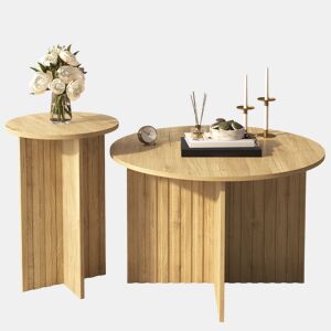 Conjunto de mesas encaixáveis de madeira, 2 peças - Mesas de centro redondas, design escandinavo, funcionais e versáteis - Natural