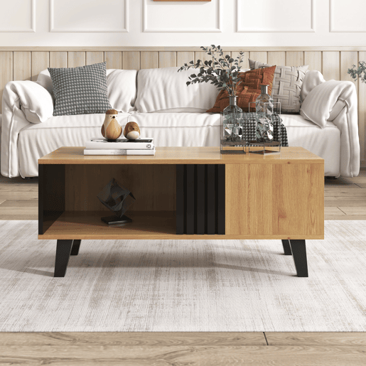 Mesa de centro 100 x 60 x 45 cm - Design em madeira colorida e preta, mesa de sala com gavetas - Natural
