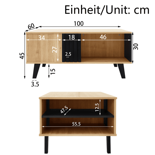 Mesa de centro 100 x 60 x 45 cm - Design em madeira colorida e preta, mesa de sala com gavetas - Natural