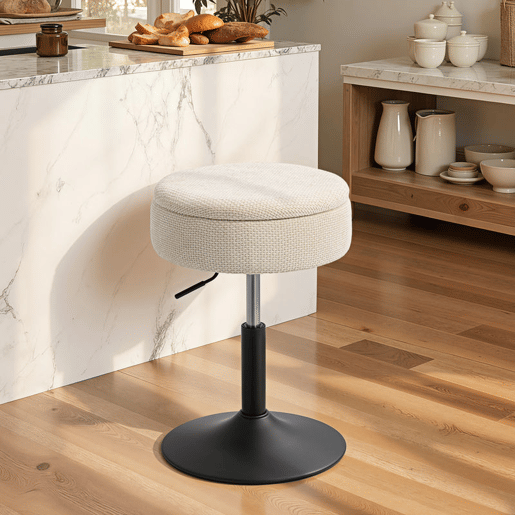 HOMCOM Banco de Bar com Armazenamento Altura Ajustável Banco de Cozinha Redondo Giratório Estofado em Chenilla Base em Aço Acolchoado para Sala de Estar Sala de Jantar Escritório 39x39x49-65 cm Bege