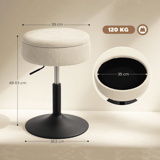 HOMCOM Banco de Bar com Armazenamento Altura Ajustável Banco de Cozinha Redondo Giratório Estofado em Chenilla Base em Aço Acolchoado para Sala de Estar Sala de Jantar Escritório 39x39x49-65 cm Bege