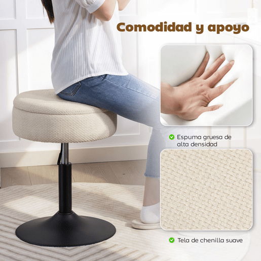 HOMCOM Banco de Bar com Armazenamento Altura Ajustável Banco de Cozinha Redondo Giratório Estofado em Chenilla Base em Aço Acolchoado para Sala de Estar Sala de Jantar Escritório 39x39x49-65 cm Bege