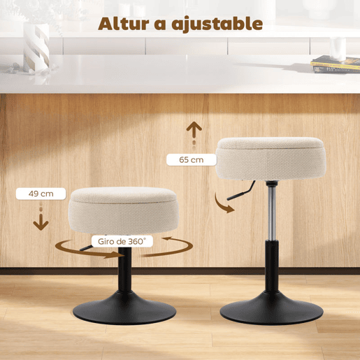 HOMCOM Banco de Bar com Armazenamento Altura Ajustável Banco de Cozinha Redondo Giratório Estofado em Chenilla Base em Aço Acolchoado para Sala de Estar Sala de Jantar Escritório 39x39x49-65 cm Bege