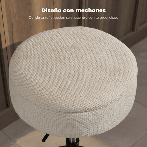 HOMCOM Banco de Bar com Armazenamento Altura Ajustável Banco de Cozinha Redondo Giratório Estofado em Chenilla Base em Aço Acolchoado para Sala de Estar Sala de Jantar Escritório 39x39x49-65 cm Bege