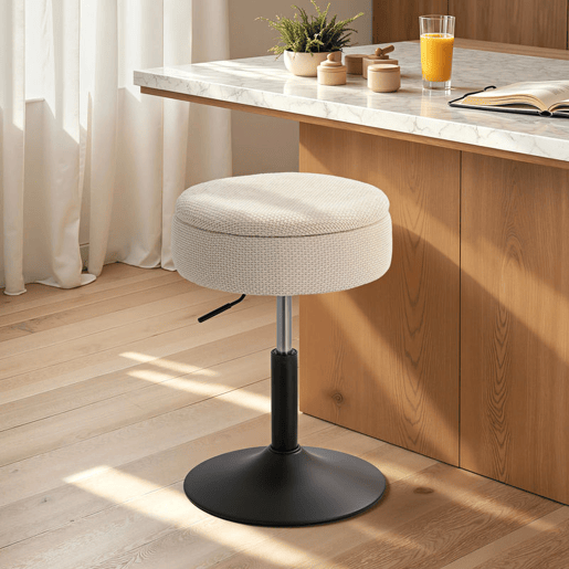 HOMCOM Banco de Bar com Armazenamento Altura Ajustável Banco de Cozinha Redondo Giratório Estofado em Chenilla Base em Aço Acolchoado para Sala de Estar Sala de Jantar Escritório 39x39x49-65 cm Bege