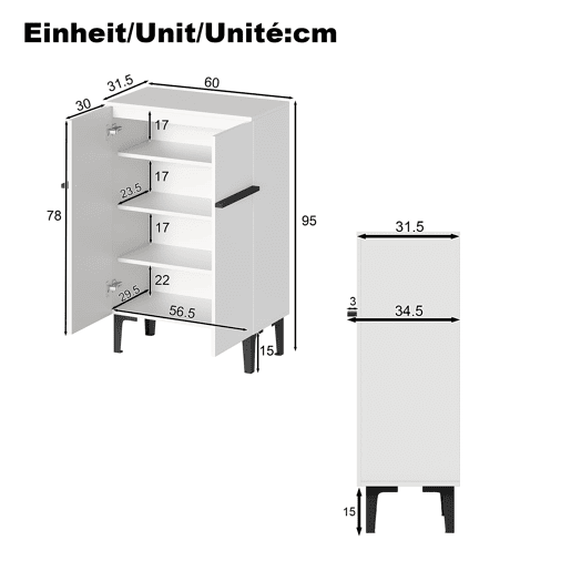 Sapateira 95x60x35 cm - Porta dupla, grande capacidade, prateleiras ajustáveis - PretoBranco