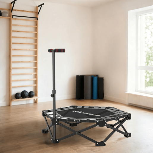 SPORTNOW Trampolim de Fitness Dobrável 104 cm Mini Cama Elástica com Barra Ajustável em 3 Alturas Silencioso Estrutura Metálica Reforçada e Bolsa de Transporte para Treino em Casa Ginásio Preto