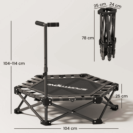 SPORTNOW Trampolim de Fitness Dobrável 104 cm Mini Cama Elástica com Barra Ajustável em 3 Alturas Silencioso Estrutura Metálica Reforçada e Bolsa de Transporte para Treino em Casa Ginásio Preto