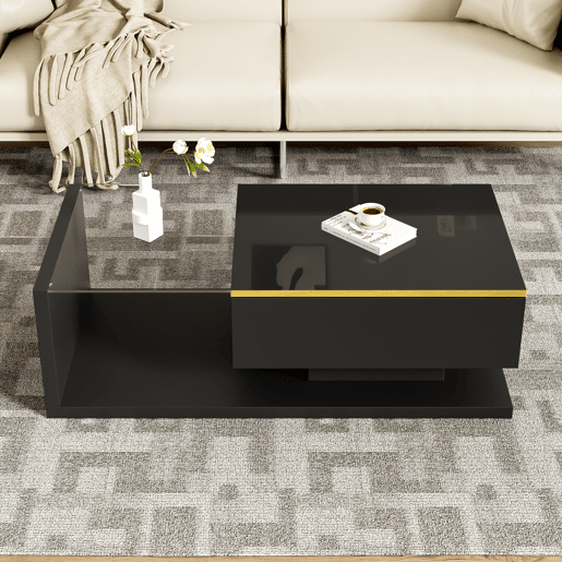 Mesa de centro 100 cm - Com vidro e efeito LED - Preto