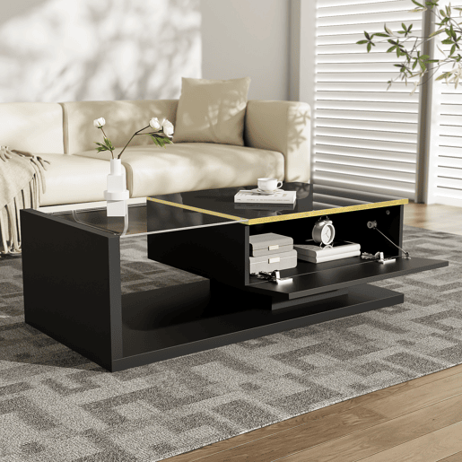 Mesa de centro 100 cm - Com vidro e efeito LED - Preto
