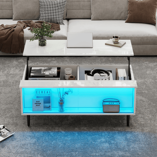 Mesa de centro elevável 105x50x43 cm - com LED, arrumação oculta, vidro temperado - Branco Mesa de centro elevável 105x50x43 cm - com LED, arrumação oculta, vidro temperado - Branco