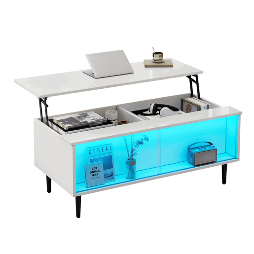 Mesa de centro elevável 105x50x43 cm - com LED, arrumação oculta, vidro temperado - Branco Mesa de centro elevável 105x50x43 cm - com LED, arrumação oculta, vidro temperado - Branco