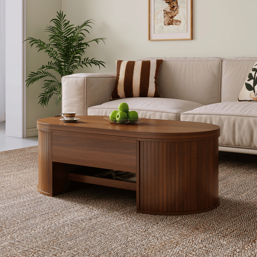 Mesa de centro elevável 110 cm - Com prateleira extensível, madeira curvada, multifuncional - Natural