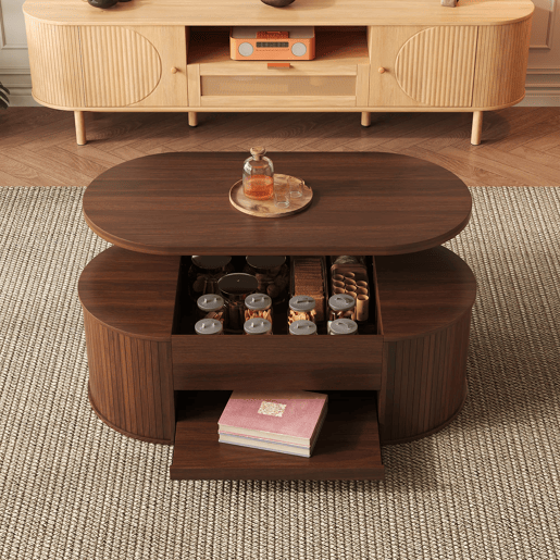 Mesa de centro elevável 110 cm - Com prateleira extensível, madeira curvada, multifuncional - Natural