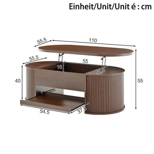 Mesa de centro elevável 110 cm - Com prateleira extensível, madeira curvada, multifuncional - Natural