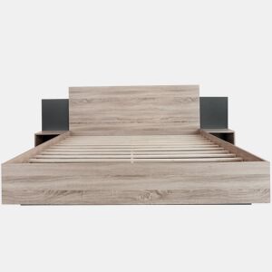 Cama de casal 160x200 cm - Com 2 mesas de cabeceira, estrutura em madeira, cor carvalho Sonomacinza escuro