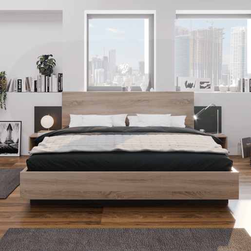 Cama de casal 160x200 cm - Com 2 mesas de cabeceira, estrutura em madeira, cor carvalho Sonomacinza escuro