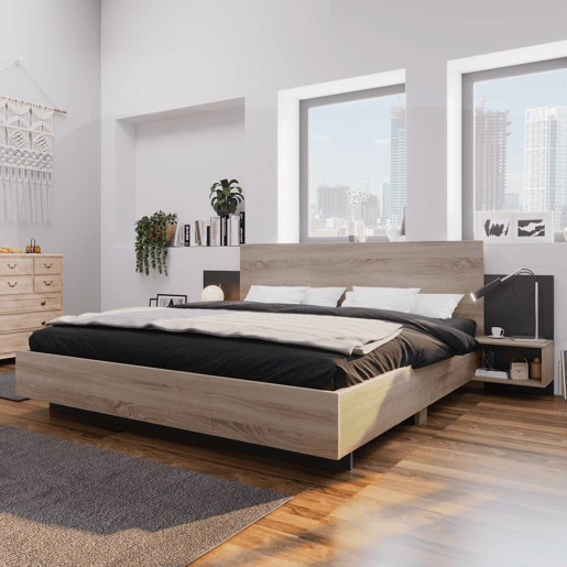 Cama de casal 160x200 cm - Com 2 mesas de cabeceira, estrutura em madeira, cor carvalho Sonomacinza escuro