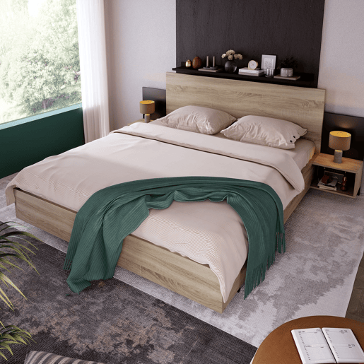 Cama de casal 160x200 cm - Com 2 mesas de cabeceira, estrutura em madeira, cor carvalho Sonomacinza escuro