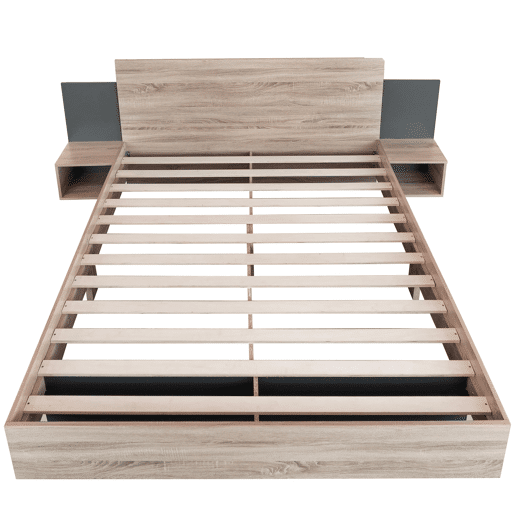 Cama de casal 160x200 cm - Com 2 mesas de cabeceira, estrutura em madeira, cor carvalho Sonomacinza escuro