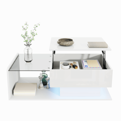 Mesa de café - Tamanho: 100x50 cm - Efeito LED, com vidro - Branco