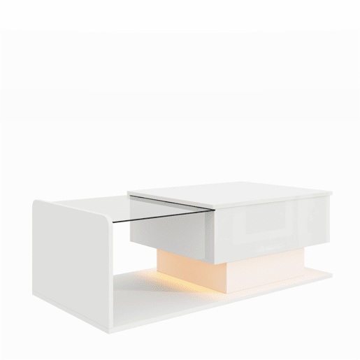 Mesa de café - Tamanho: 100x50 cm - Efeito LED, com vidro - Branco