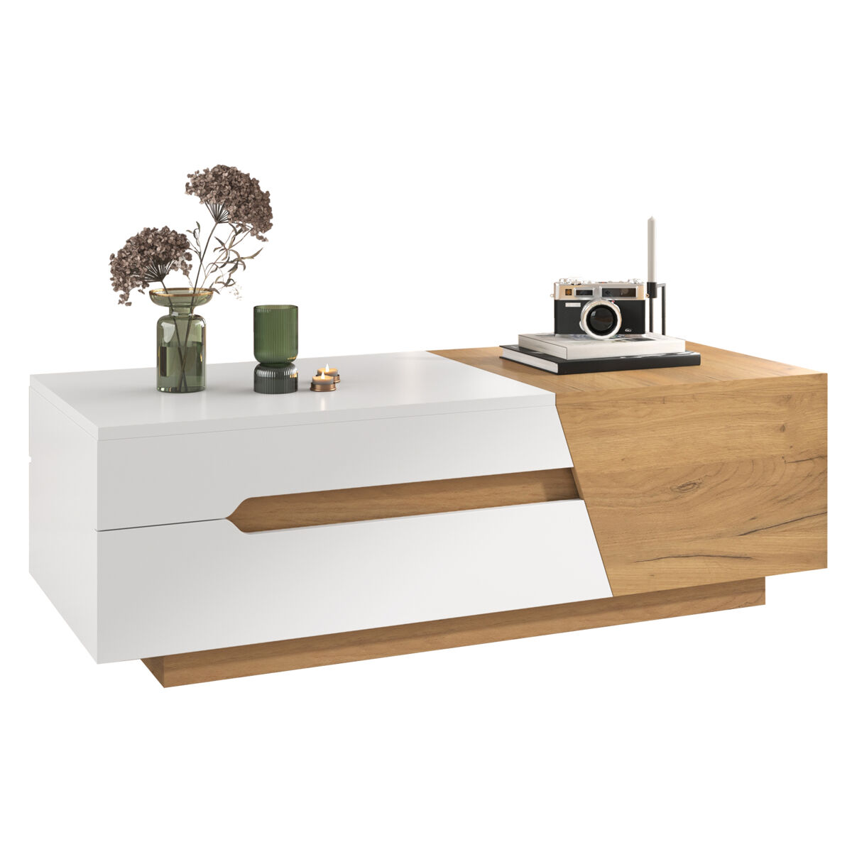 mesa de centro extensible - mesa de salon con cajones - mesa auxiliar con estructura en bloques de color - natural blanco